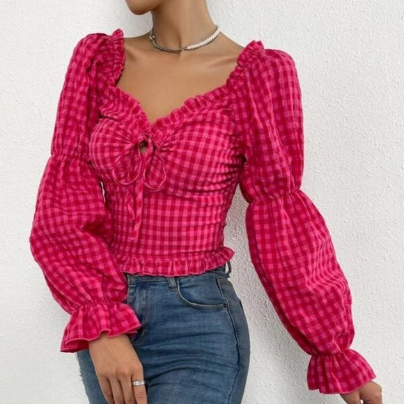 Pink Gingham Drawstring detail Frill Trim Shirred Blouse Top - Picture 4 of 6